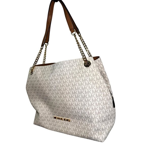 Michael Kors White Monogram Canvas Chain Tote Bag With Gold Accents - Picture 8 of 13